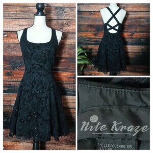 Vintage Nite Kraze Dress 9/10 Velvet Burnout Floral Glitter Cross Back LBD